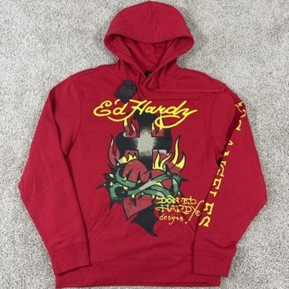 Ed Hardy Don Ed Hardy Designs Hoodie Red Tattoo Graphic Y2K Streetwear Men M NWT